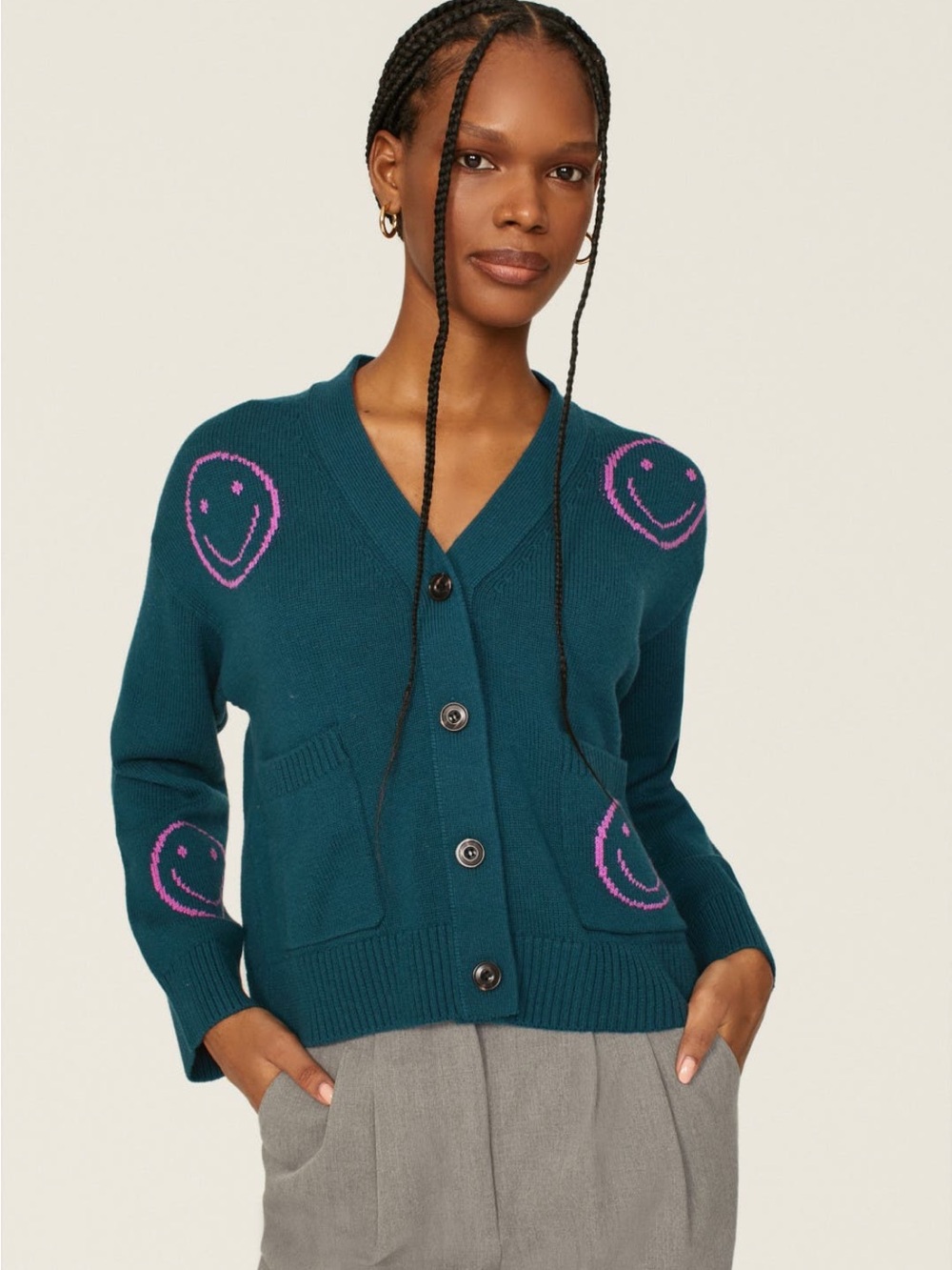Rails Reese Cardigan Teal V-Neck Button Cardigan Sweater with Pink Smile - small